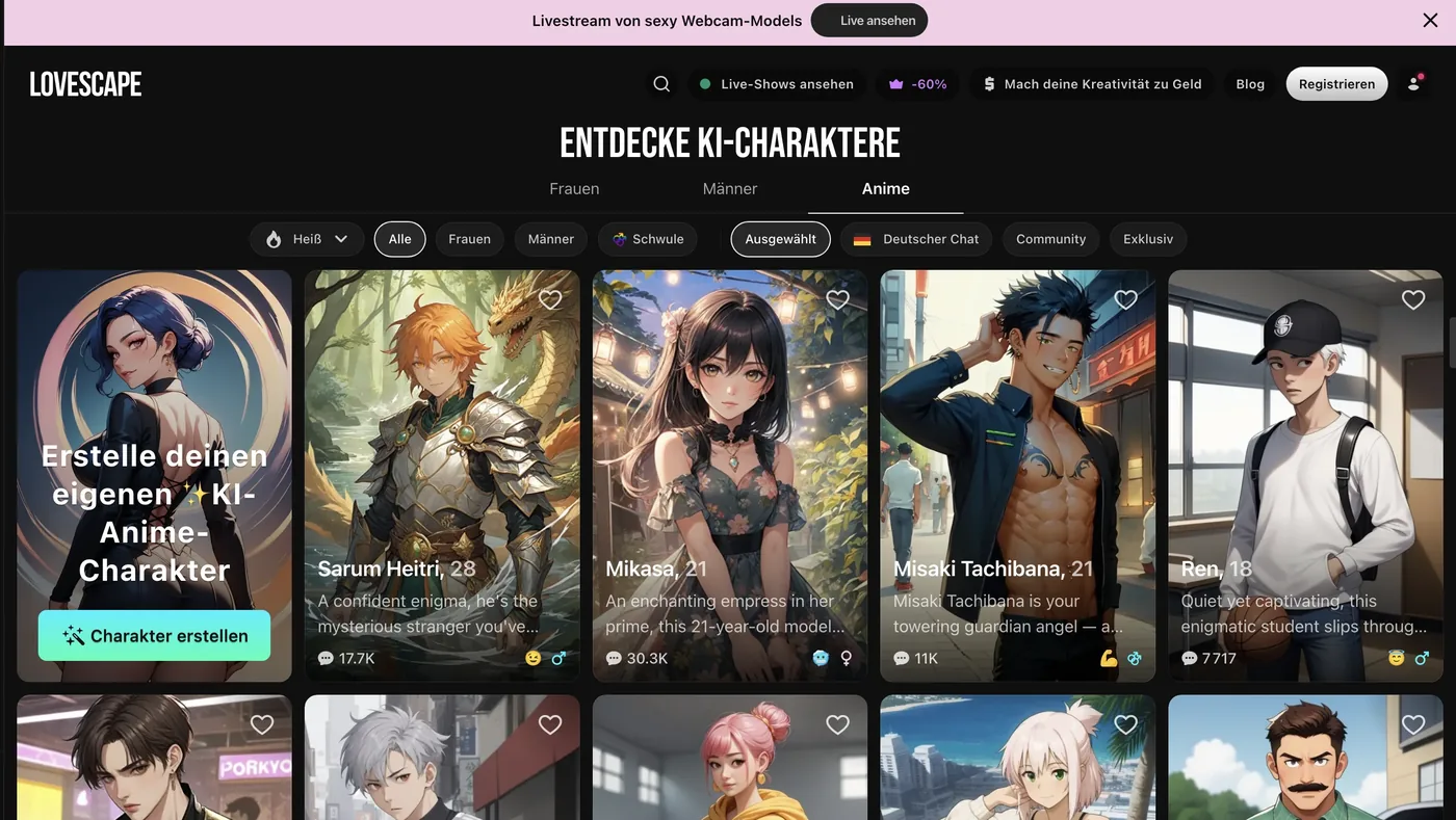 Anime-Bereich von Lovescape mit eigenen Filtern und Charakterkarten