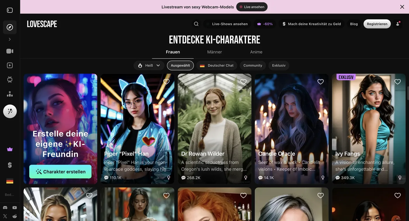 Charakterkatalog von Lovescape mit deutscher Oberfläche, unterteilt in Frauen, Männer und Anime