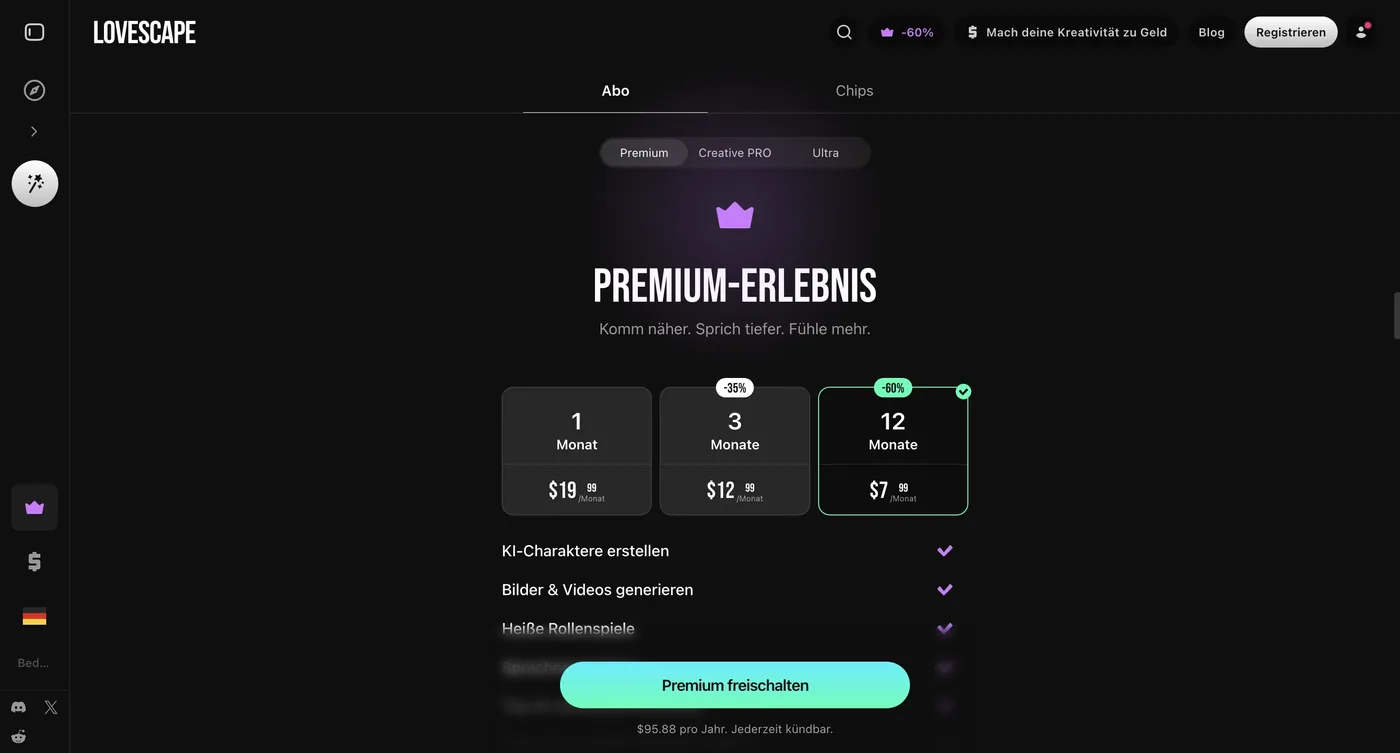 Abo-Seite von Lovescape mit den Laufzeiten 1, 3 und 12 Monate und den Stufen Premium, Creative PRO und Ultra